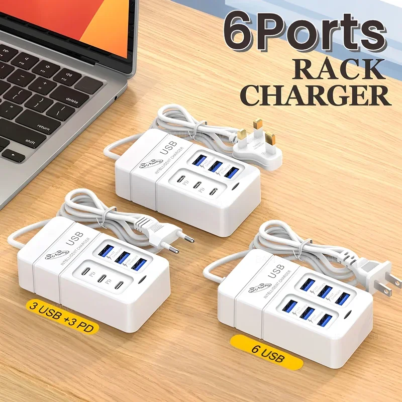 6Ports USB Charger 35W PD Type-C Fast Charger For Home Office School Room Travel Chargers Type C USB Hub Adapter US EU UK Plug