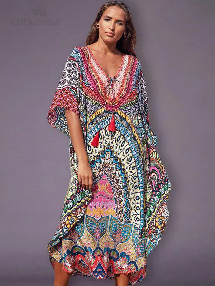 2023 Quick-drying Bohemian Printed Loose Summer Beach Dress Moroccan Kaftan Women Plus Size Beachwear Tassel Midi Dress Q897