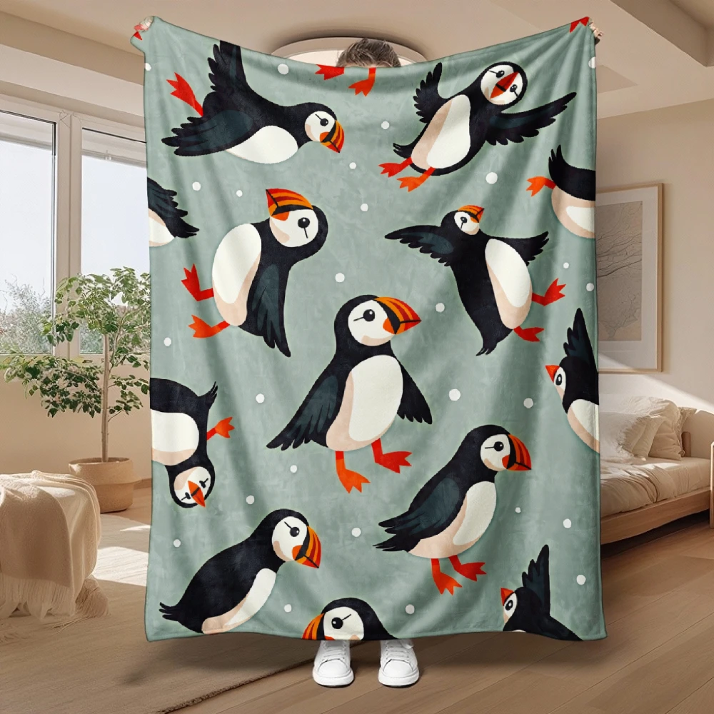 Cute Puffin Pattern, for Animal Lovers, Soft Cozy Blanket, Playful Bird Design, Multi-Purpose Home Decor, Warm Gift