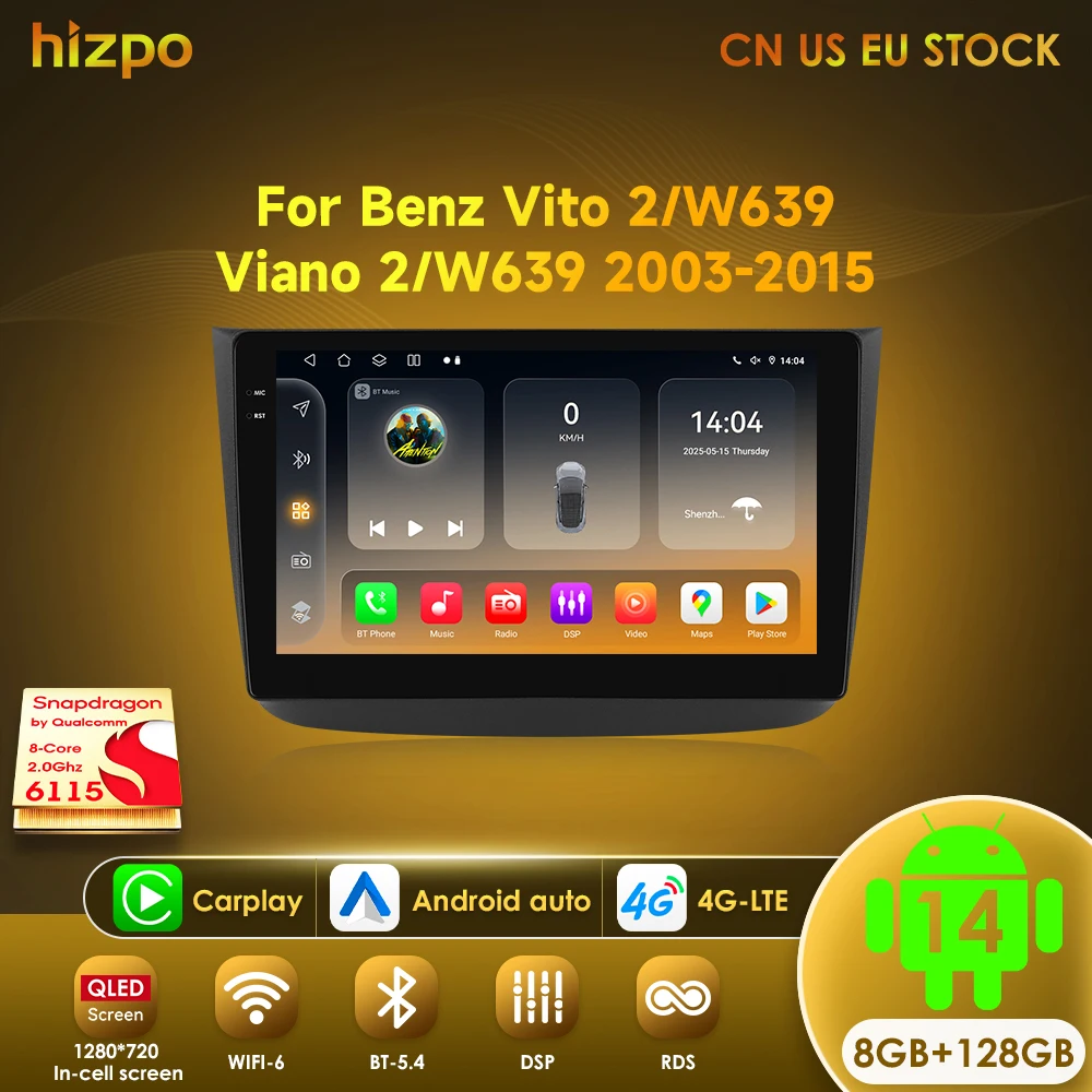 

Hizpo Navigation AUTO Stereo For Mercedes-Benz Vito 2 W639 Viano 2 W639 2003-2015 GPS 4G Wifi DSP BT Wireless CarPlay Android 14