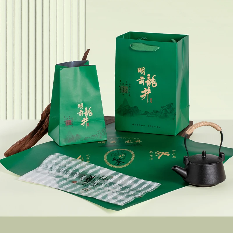 Kraftpapier theeverpakkingszakken, Longjing theedraagzakken, aluminiumfolie portiezakjes, op maat gemaakte papieren zakken van 250 g