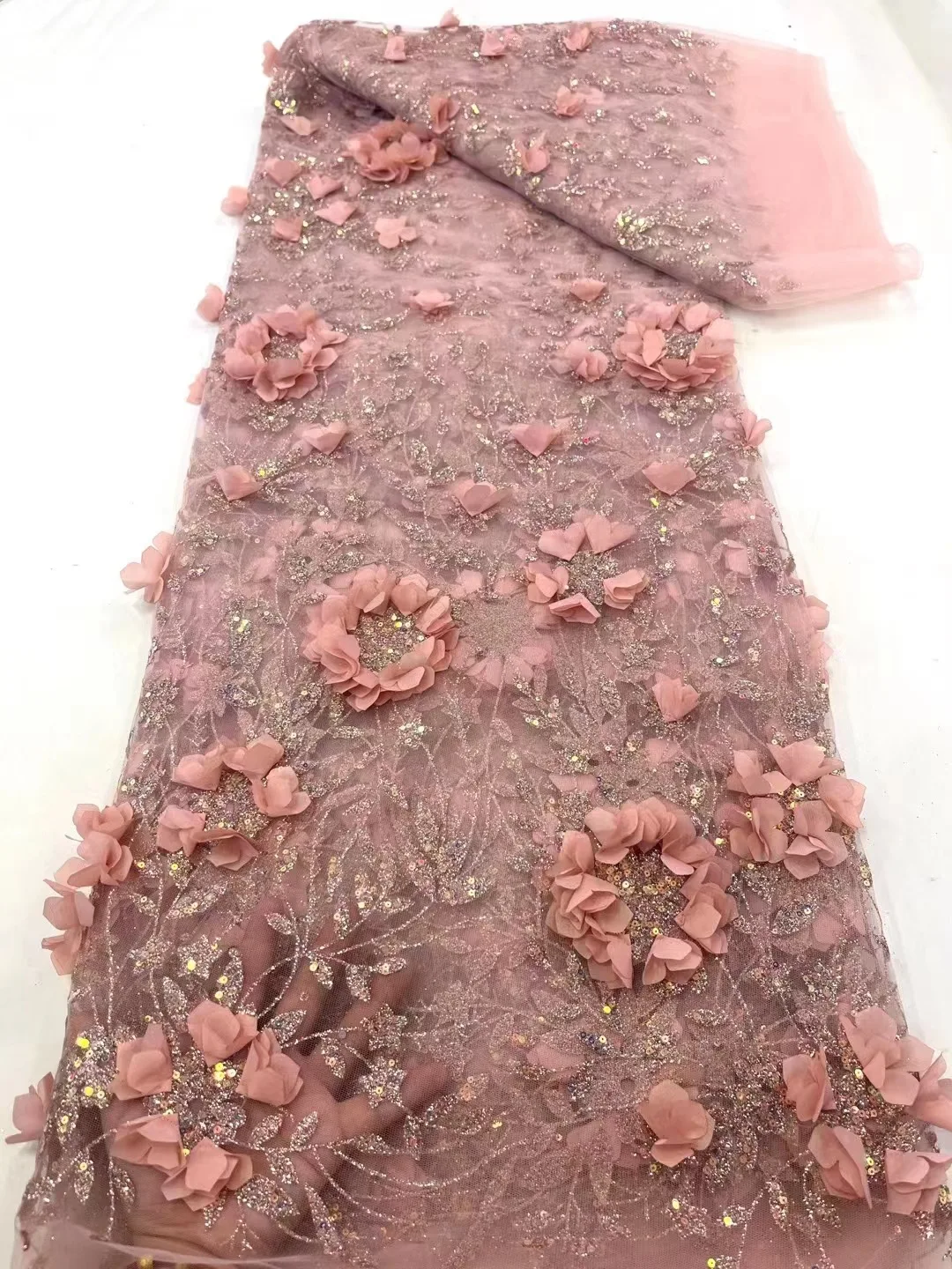 6 Colors 3D Three-Dimensional Flower Beaded Tube Embroidered Mesh Fabric Powder Sequin Lace Evening Party Dress Material