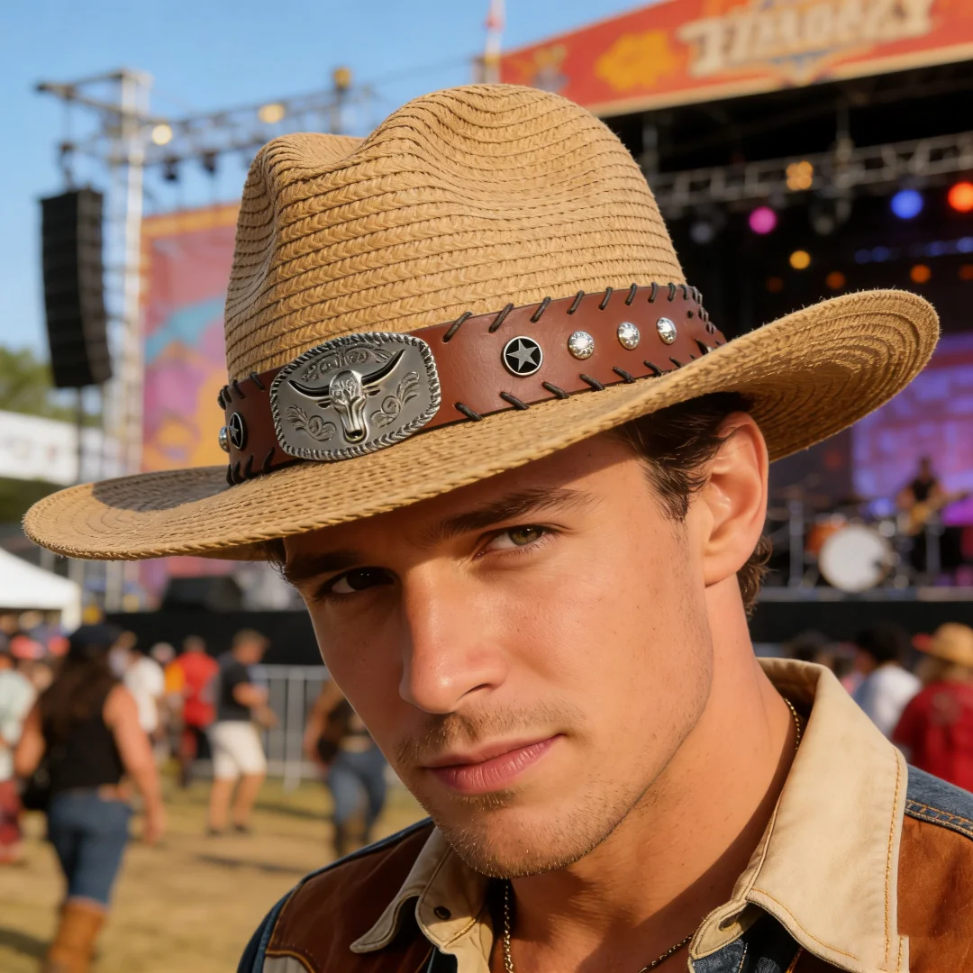 1PC Straw Western Cowboy Hat Bull Skull Buckle Leather Band Wide Brim Unisex Cosplay Accessory for Music Festival Western Party