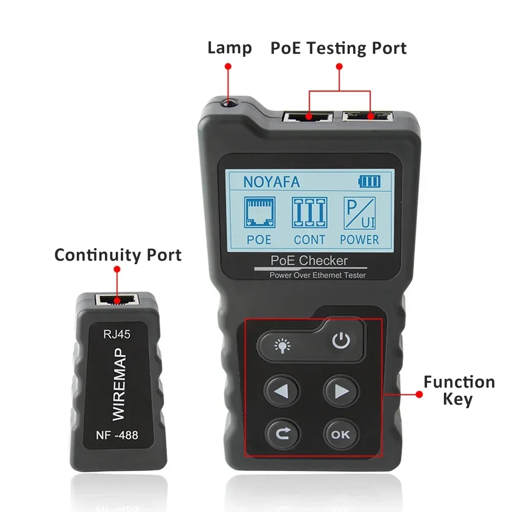 Imagem -02 - Noyafa Nf488 Lcd Cabo de Rede Poe Verificador de Corrente de Tensão em Linha com Testador de Cabo Lan Tester Fio