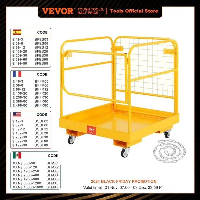 VEVOR 1200lbs Forklift Safety Cage Folding Security Platform with Lockable Swivel Wheels Holds 1 to 2 Adults for Aerial Work