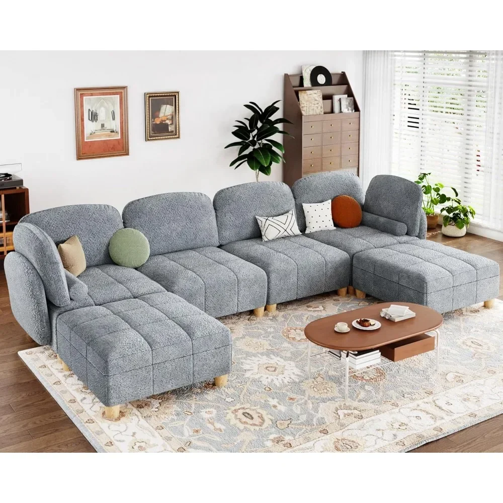 

Sectional Sofa, Convertible U Shaped Sectional Sofa for Living Room 6 Seater Couch in Cozy Removable Covered Teddy Velvet Couch