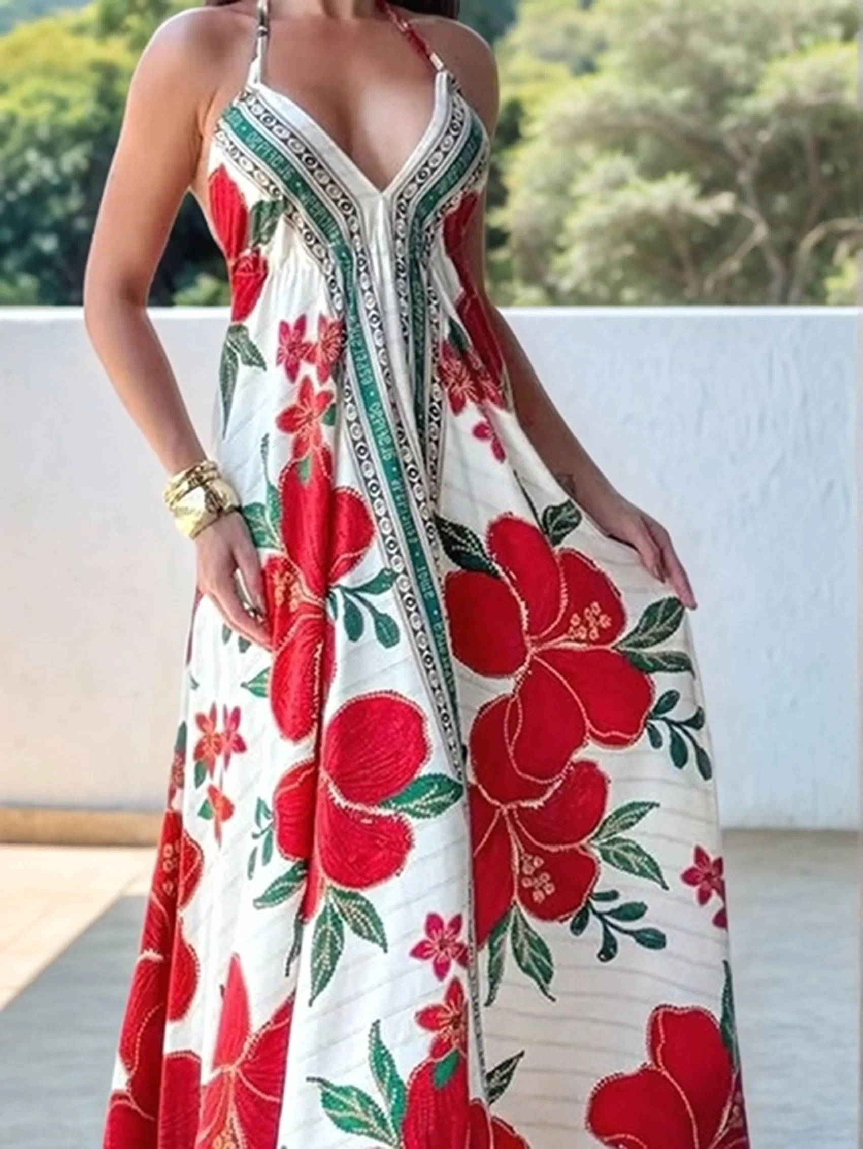 CYL-Women Boho Halter Floral V الرقبة بلا أكمام فضفاضة تناسب عارية الذراعين غير النظامية هيم فستان عطلة طويلة #5