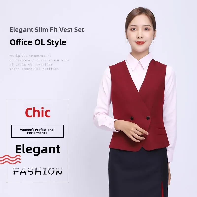

Slim Fit Lady's Work Uniform Vest New Style Dark Red Stripes Spring Summer Uniform Commuter Style V-Neck Single Button