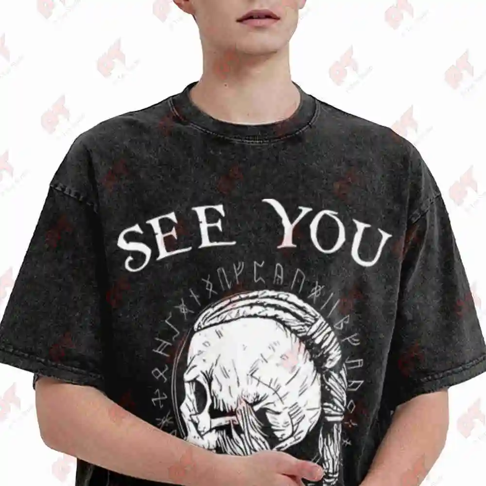 Viking Skull Valhalla Athletic Street Style Vintage Washed Tee Pure Cotton T-Shirt