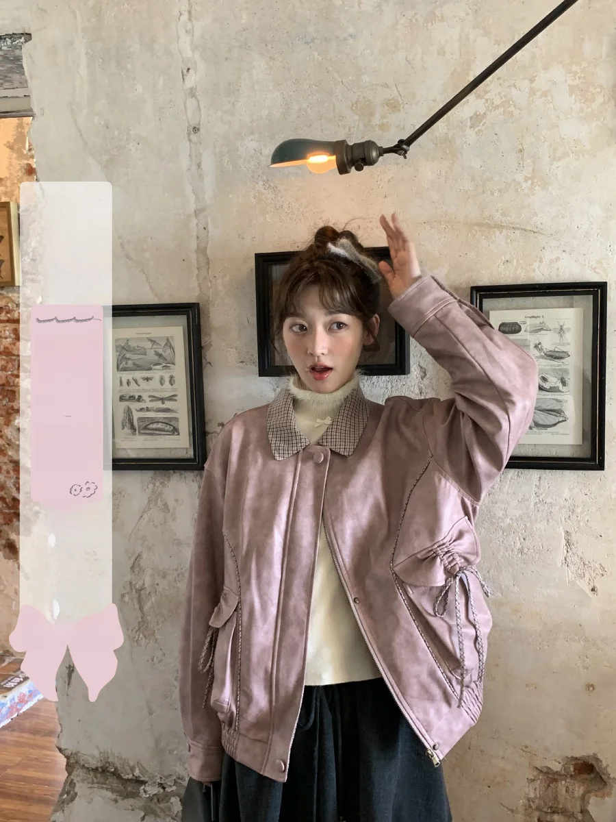 

Retro Girl Color Blo Plaid Collar ort Jaet Women's Leather Coat Sweet Sle Loose Fit Long Sve Zipper Closure