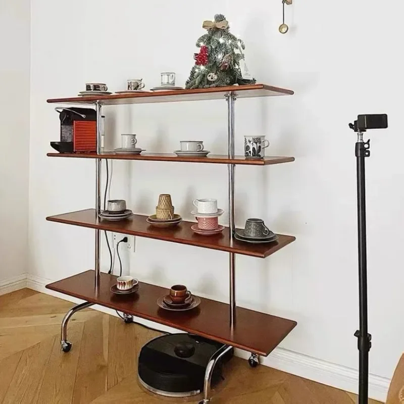 

Vintage Designer Storage Holders Wood Multi-layer Storage Rack Floor Rack with Wheeled Cart Solid Wood Stainless Steel Bookshelf