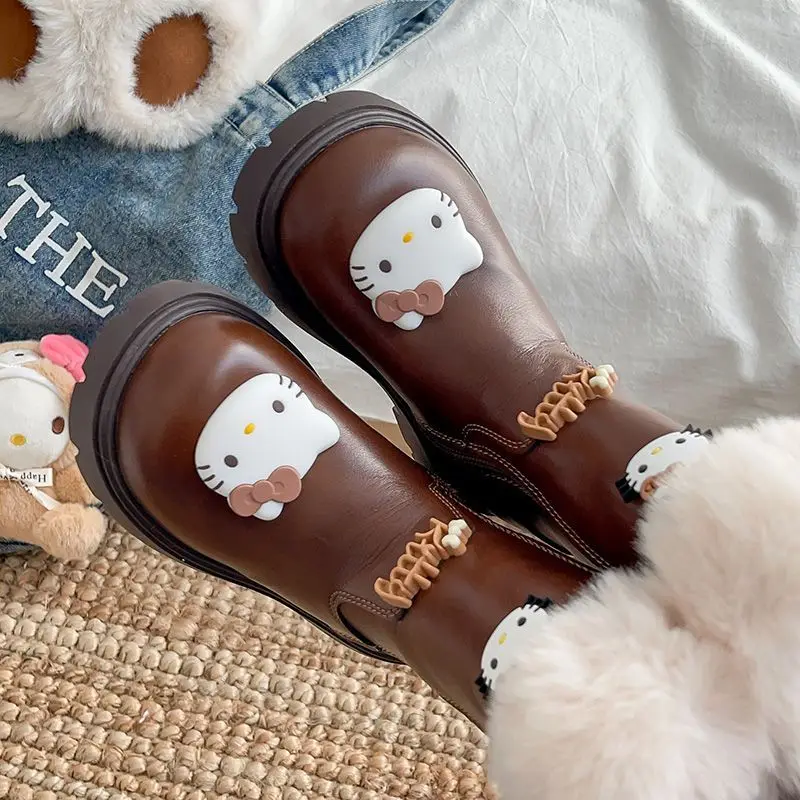 

Hello Kitty Anime Kawaii Sanrio Girl Leather Boots Princess 2025 Winter Cute Cartoon Fleece Thickened Children Shoes Gifts
