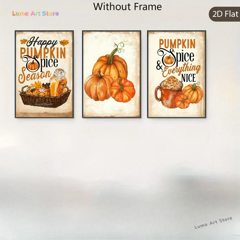 2D Flat, 3-Panel Autumn-Themed Vertical Wall Art Suitable for Living Room Decor - Pumpkin Spice Seasonal Canvas Prints, Fall