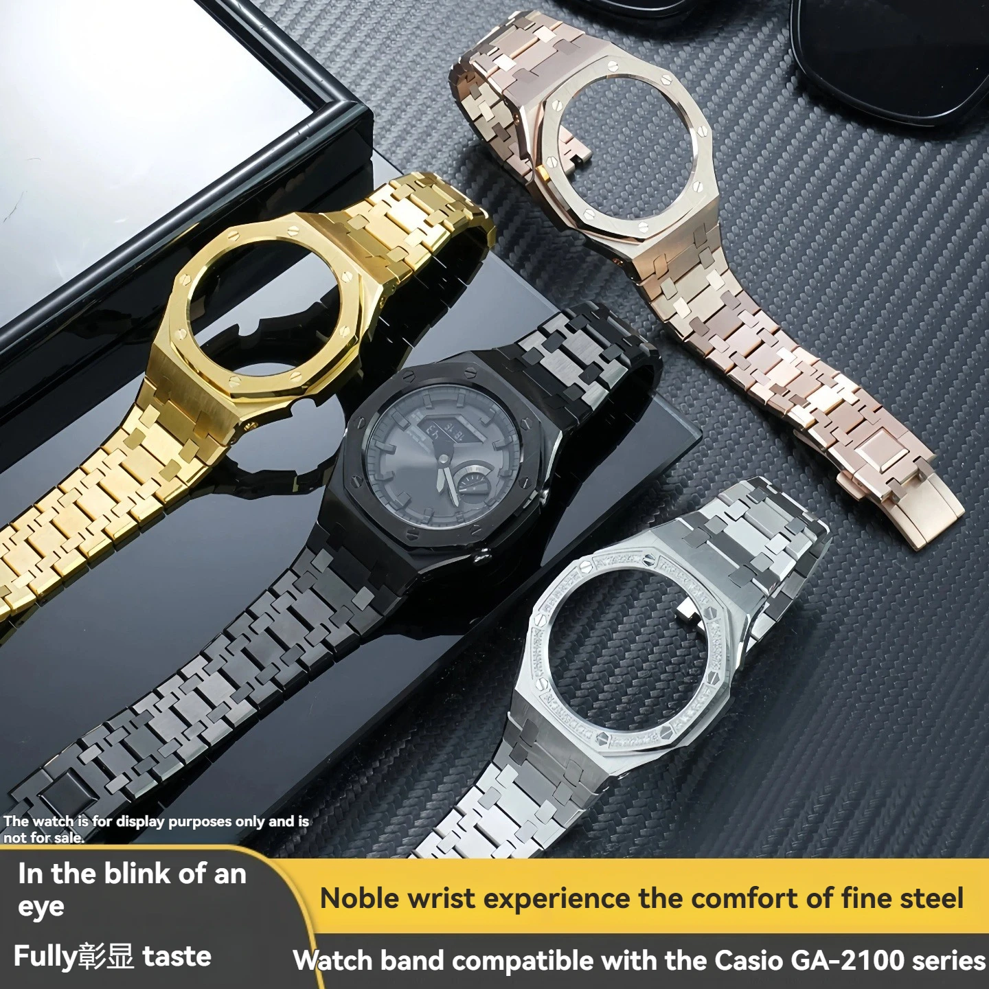 For Casio G-SHOCK Farmhouse Oak Series Solid Stainless Steel Diamond-Set Case with Steel Band: GA-2100, GA-2110, GA-B2100