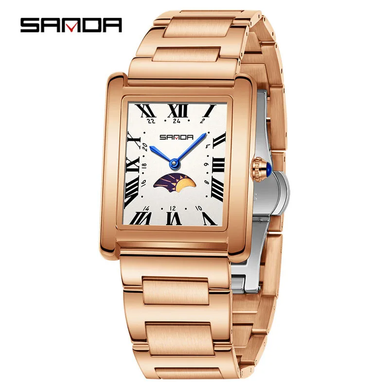 Women's Square Shape Quartz Watch Solid Steel Band High-Value Appearance Dual Scale Waterproof Ladies Wrist Watch No Second Hand