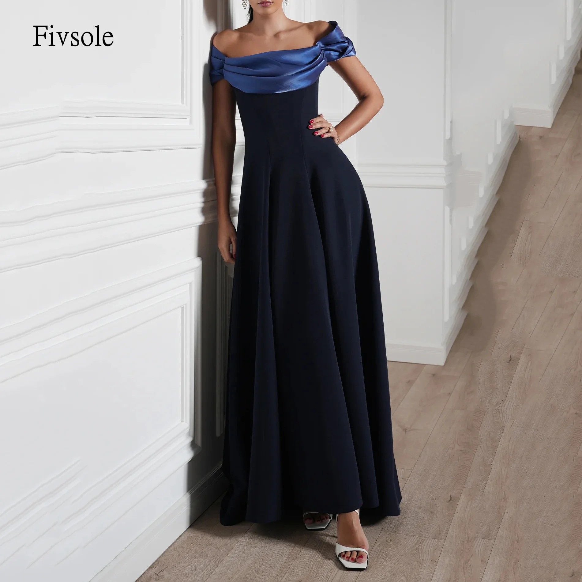 

Fivsole Blue/Black Off The Shoulder A Line Prom Gowns Backless Party Gown Ankle Length Evening Dress vestidos de gala Customized