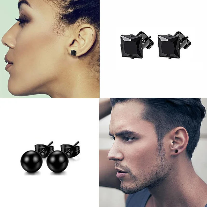 Stud Earrings For Men Women Small Black Stone CZ Crystal Stainless Steel Punk Cubic Zirconia Helix Hypoallergenic Gothic Jewelry