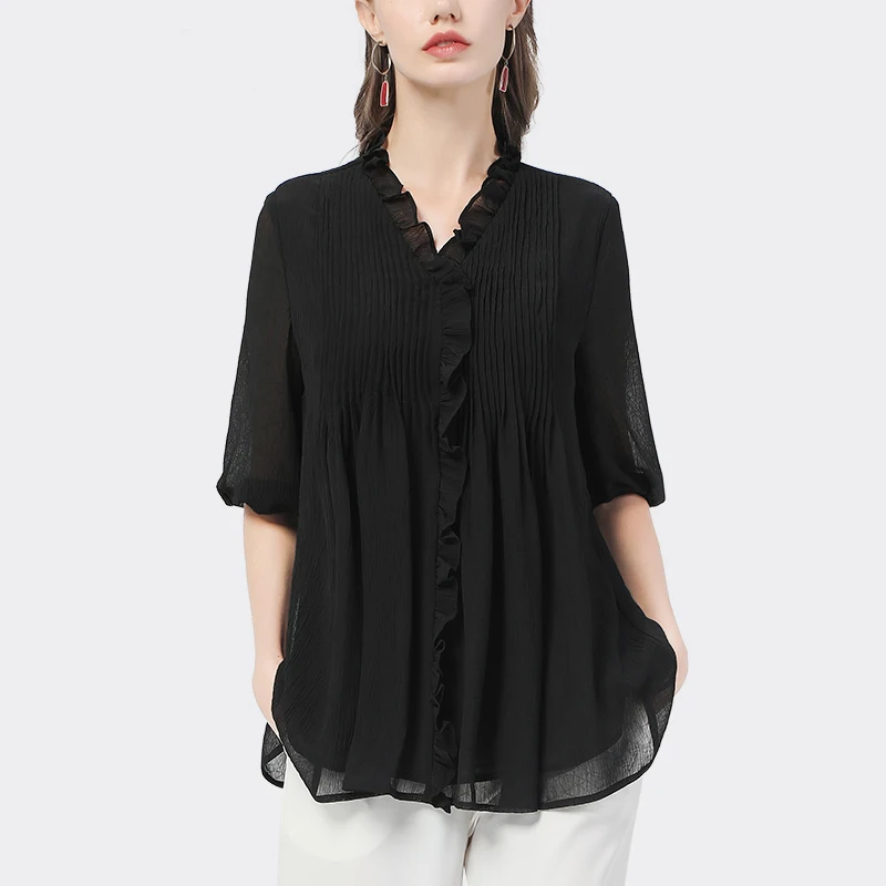 Plus Size Chiffon Blouse Women Summer Loose Cover Belly Slim Look Tops V-Neck Short Sleeve Front Pleated Ruffled Casual Shirts