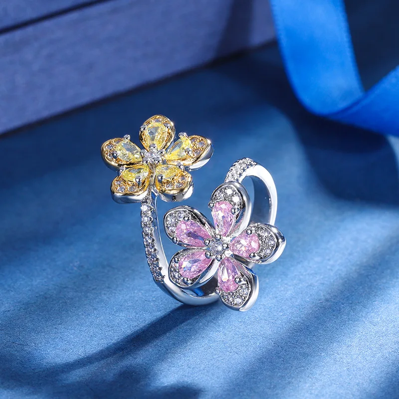 S925 Silver Plated 18K Gold Plated PT950 Platinum Yellow Diamond Pink Diamond Flower Shaped Ring Sparkling Diamond for Women