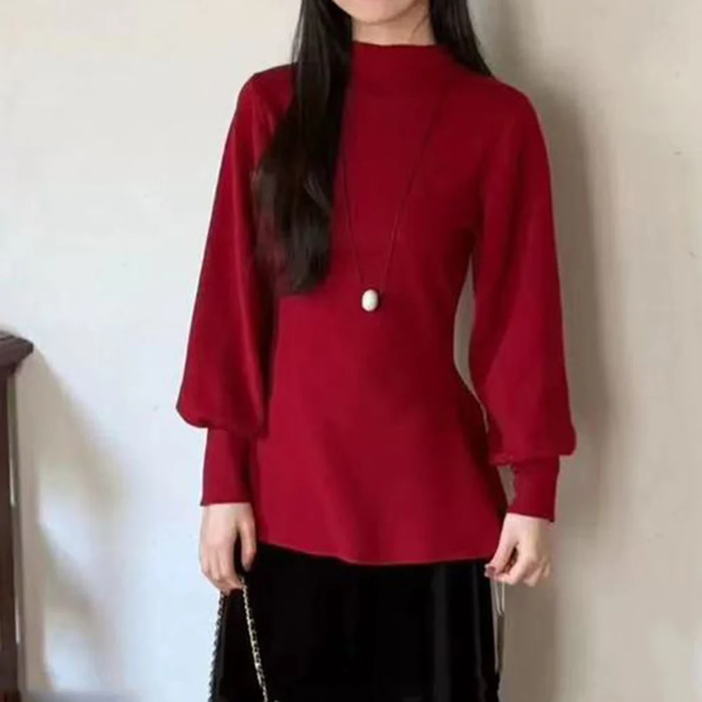 

French semi-turtleneck lantern sleeve sweater knitted sweater women's autumn and winter unique purple waist top