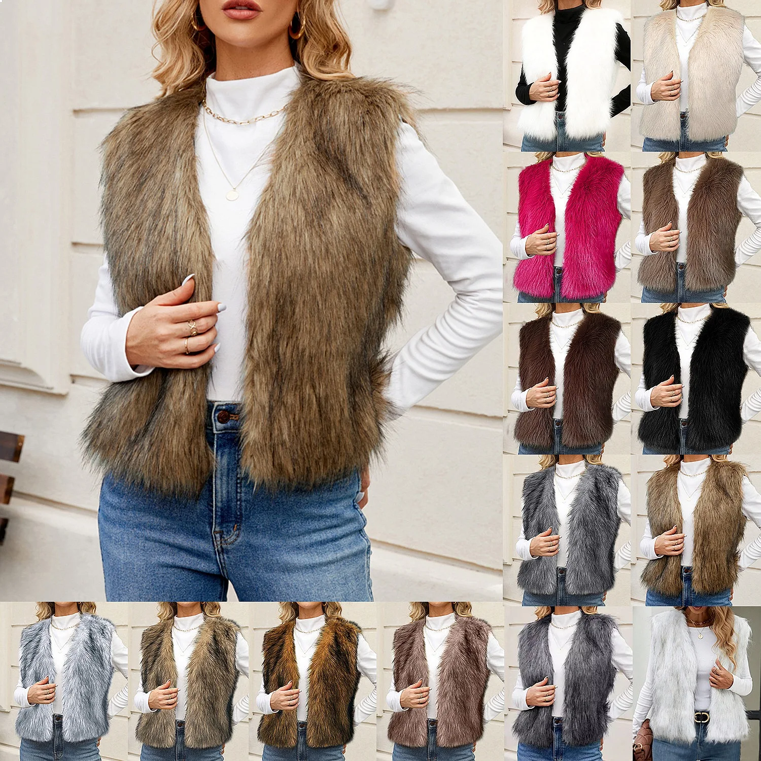Women V Neck Short Faux Fur Vest Tops Casual Outerwear Fur Vest