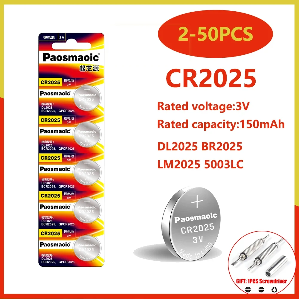 

2-50PCS CR2025 3V Lithium Button Battery DL2025 BR2025 5003LC 2025 Coin Cells for Watch Remote Control Calculator +screwdriver