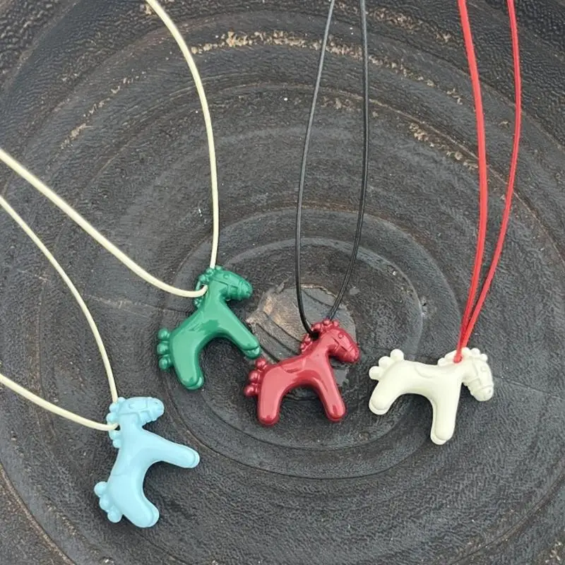  Delicate Enameled Horse Necklace Copper Pendant Adjustable Cord Fashionable