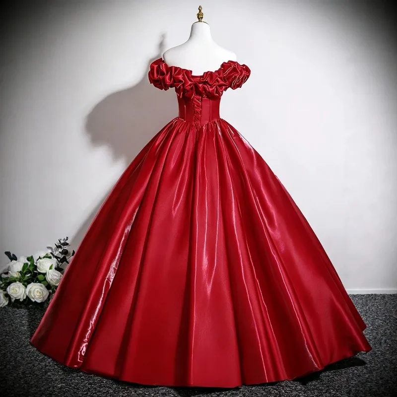 2026 New Women s One Shoulder Red Wedding Toast Dress High Quality Satin Evening Dress Plus Size Long Puff Skirt Customizable view 4