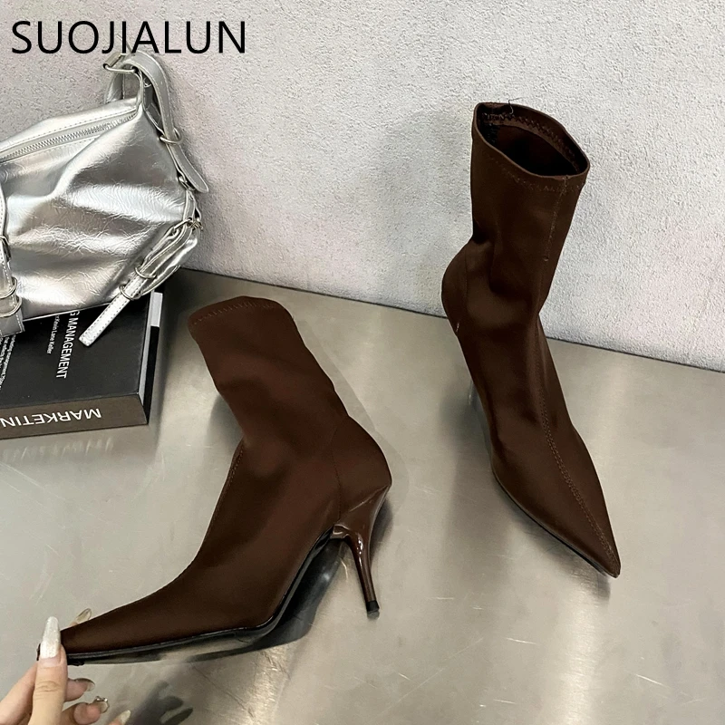 SUOJIALUN Brand Women Ankle Boots Fashion Candy Color Ladies Sexy Elegant Short Boots Thin High Heel Stretch Cloth Chelsea