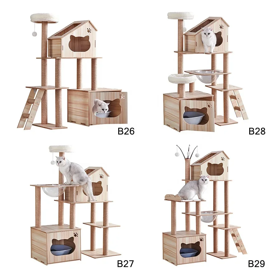 Wooden cats condo indoor pet furniture tower sisal rope scratching posts cat litter cabinet cat tree for large big catss