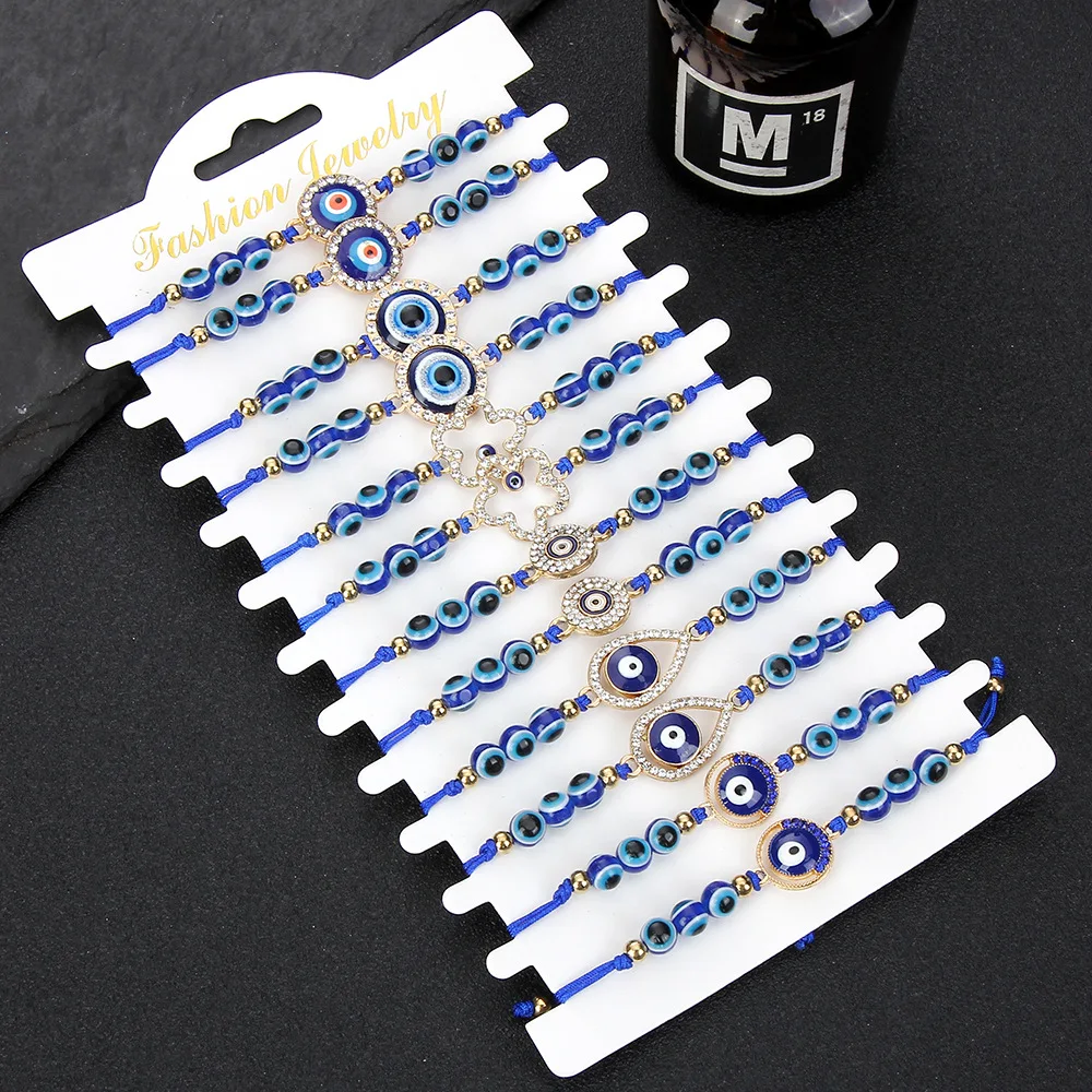 12 Pcs/Lot Lucky Blue Beaded Turkish Evil Eye Alloy Rhinestone Bracelet  Women Men Adjustable Braided Rope Vintage Jewelry Gifts