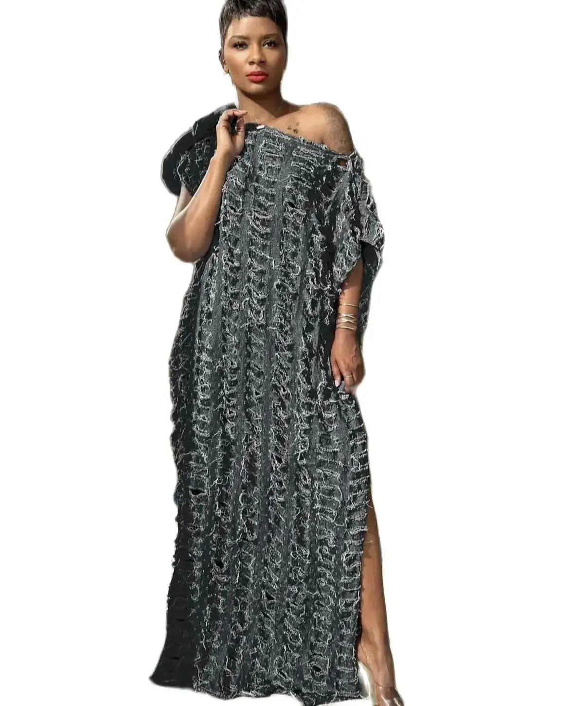 Western Fashion Blogger Summer Sexy Women Hollow Denim Long Kaftan Dress African Lady Free Size Streetwear Beach Dress For Party