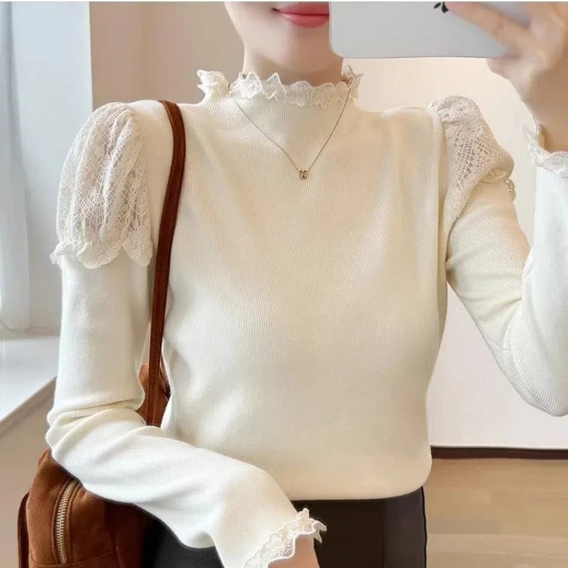 Lace Splicing Half High Collar Women\'s 2024 Autumn Winter New Slim Fashion Solid Color Casual Sweater Long Sleeve Knitted Tops