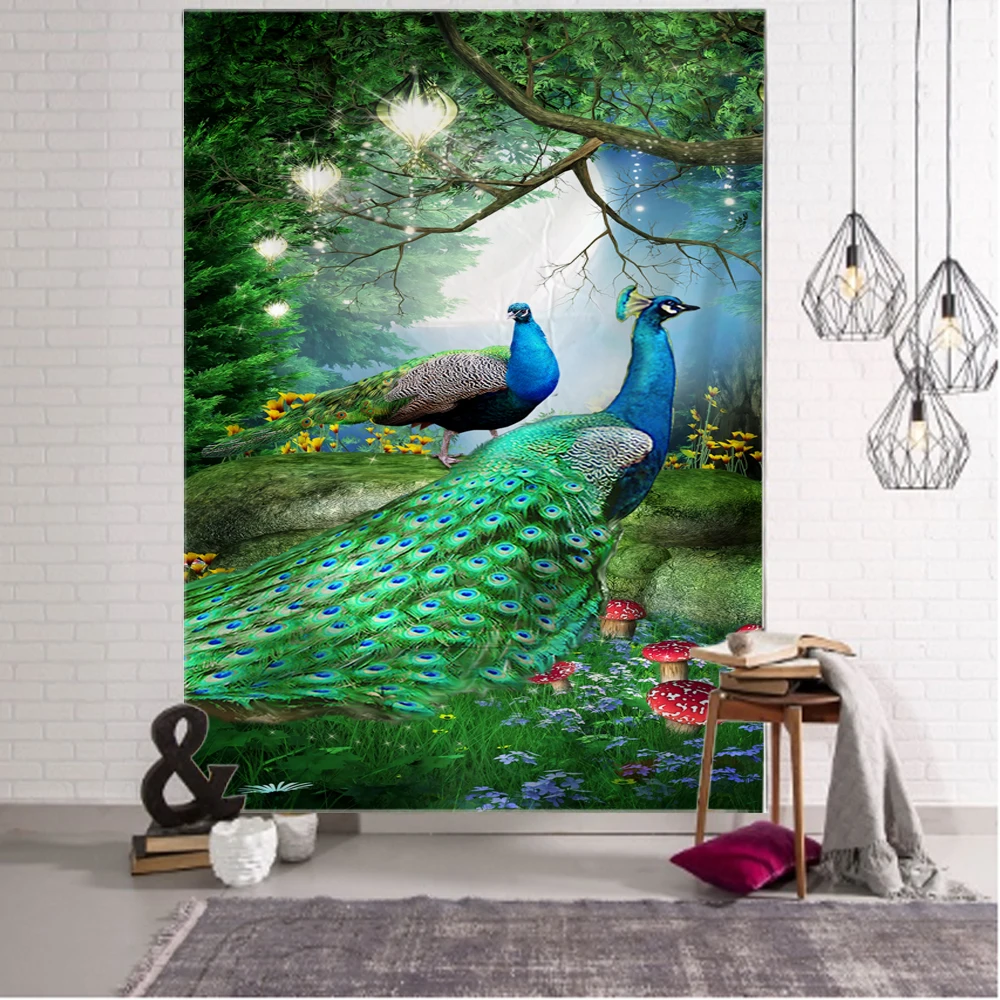 Green Forest Bird Peacock Couple Tapestry Home Bedroom Living Room Background Wall Decoration