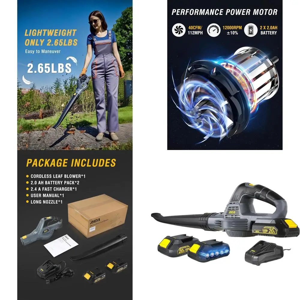 

Мощная электрическая воздуходувка для листьев с 2 аккумуляторами 2.0 Ач, 40 см/112 миль/ч, легкая ручная модель для уборки двора и автомобиля