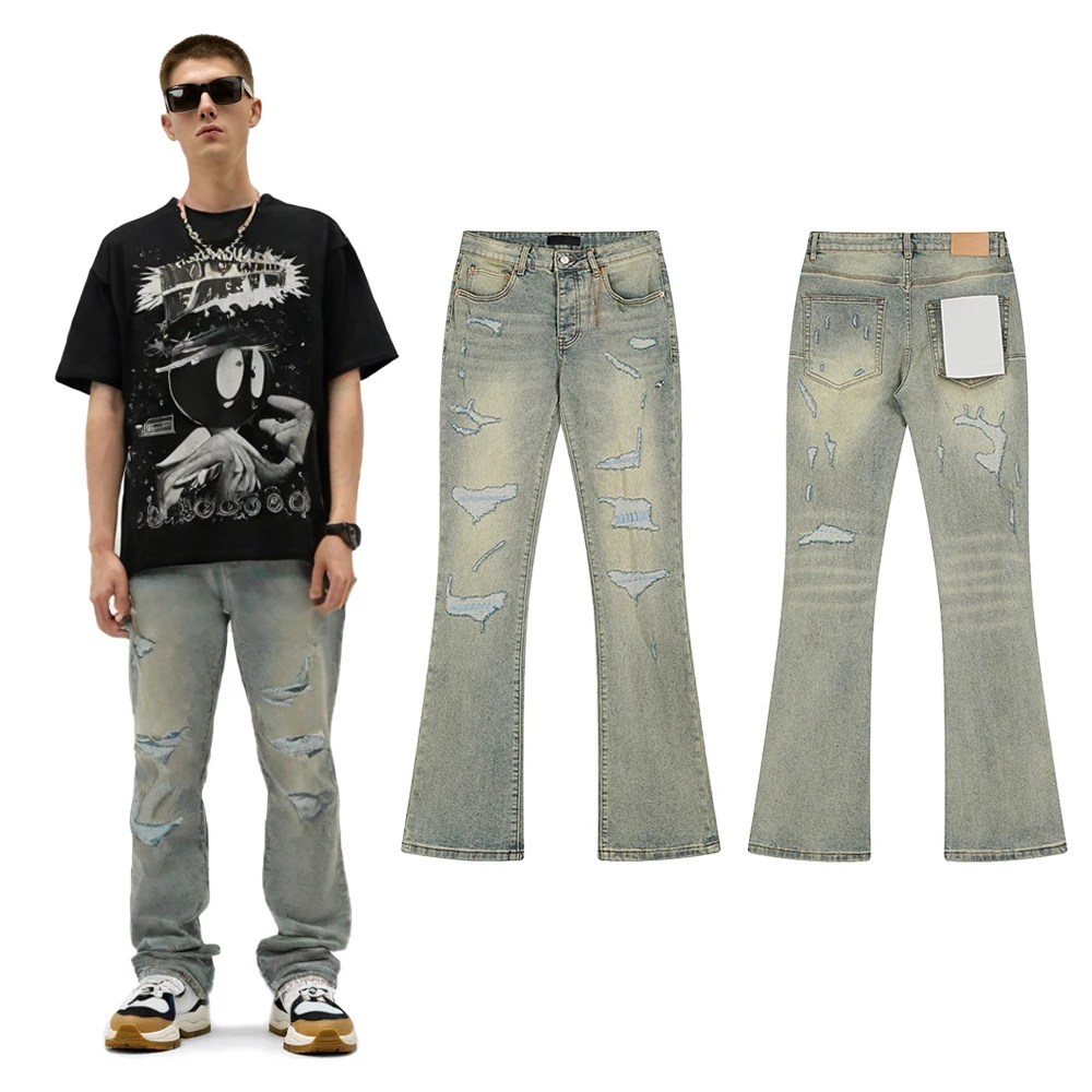 

Vintage Streetwear Clothing Baggy Flared Jeans Hip Hop Street Style Cotton Casual Distressed Patchwork Flare Rock Revivals Jeans