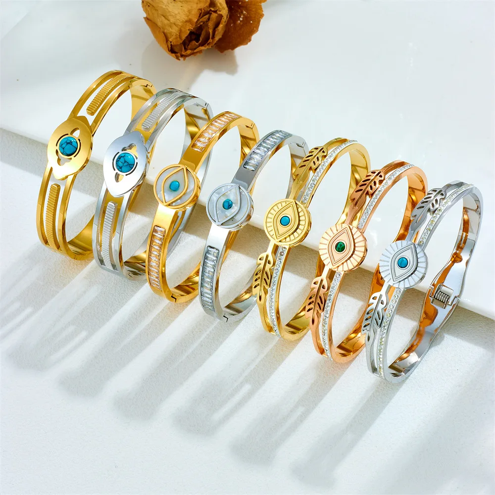 

5pc Multi-Design Real Turkish Evil Eye Stainless Steel Natual White Shell Bangle Bracelet Greece Blue Lucky Eye Handmade Jewelry