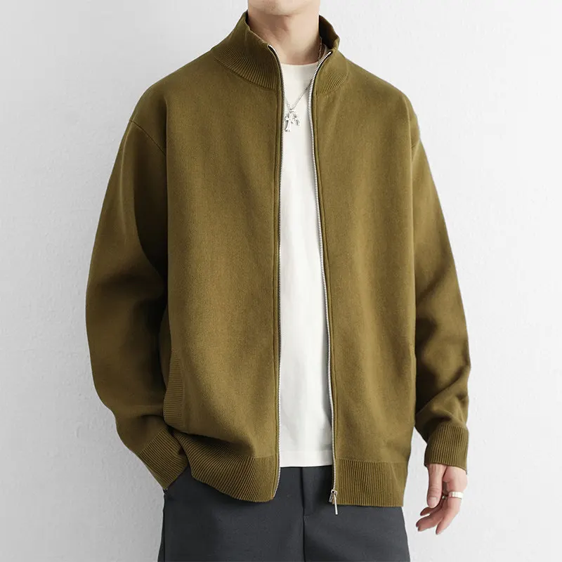 

Мужской вязаный кардиган из чистого хлопка, повседневный, с воротником-стойкой, длинными рукавами, весна-осень, без катышков, комфортный, дышащий