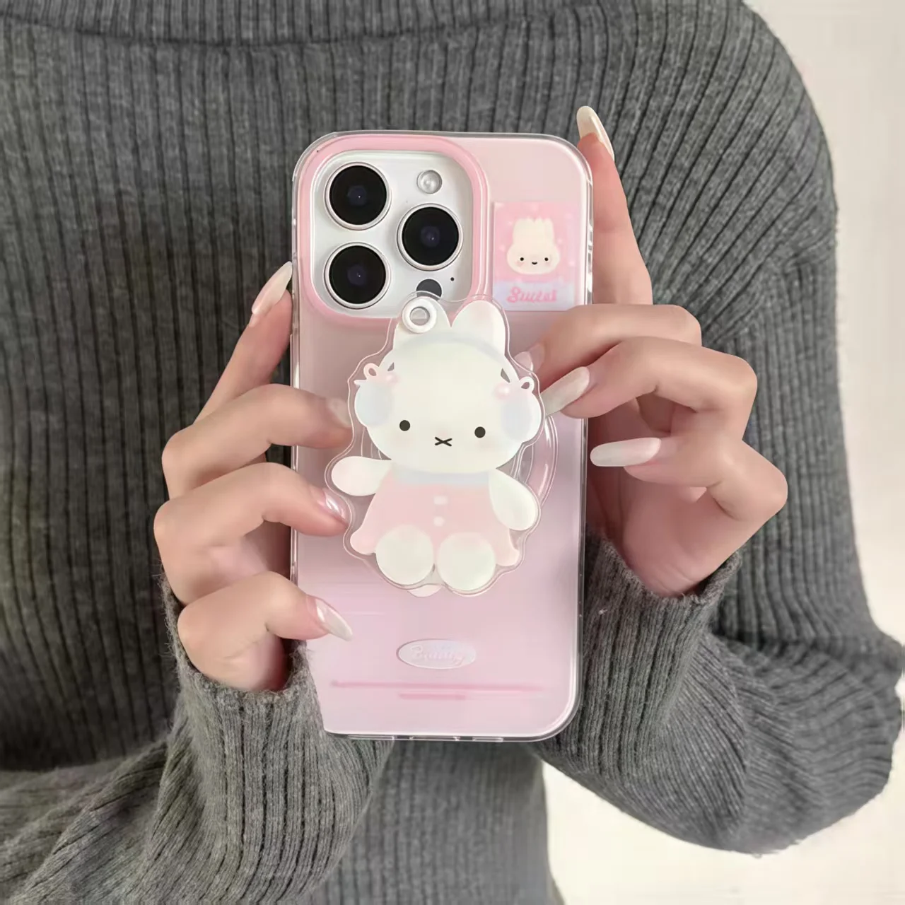 

Miffy phone case holder makeup mirror suitable for iPhone 11-16Promax all series cartoon anti drop silicone protective soft case