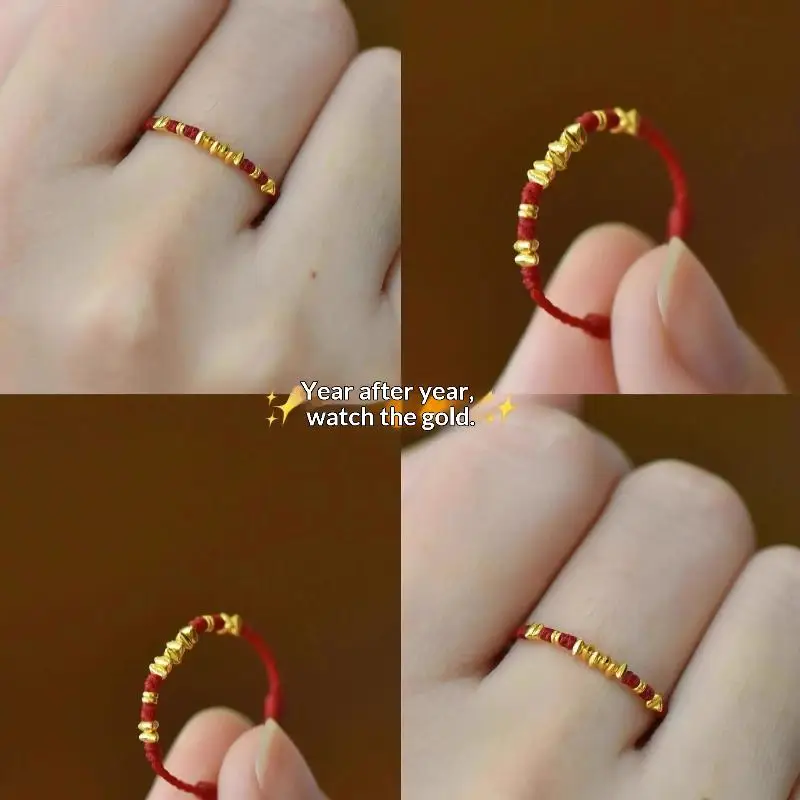 Bohemian Chinese New Year Lucky Braided Ring Golden-Toned Knot & Auspicious Red Cord Charm Casual Attire Lunar Celebration Gift