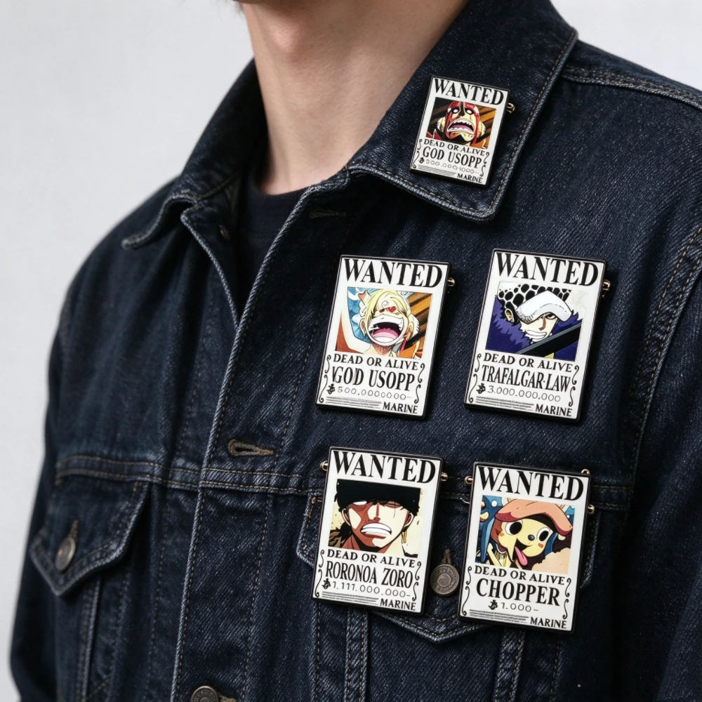 6Pcs Vintage Wanted Poster Enamel Pins, Retro Anime Print Lapel Brooch Badge, Halloween Gift for Backpack Jacket Decor