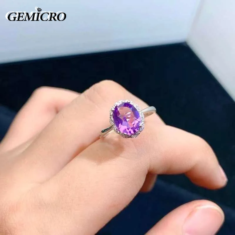 Gemicro 925 Silver Elegant Natural Amethyst Ring for Women Purple Gemstone Ladies Resizable Rings Fine Jewelry