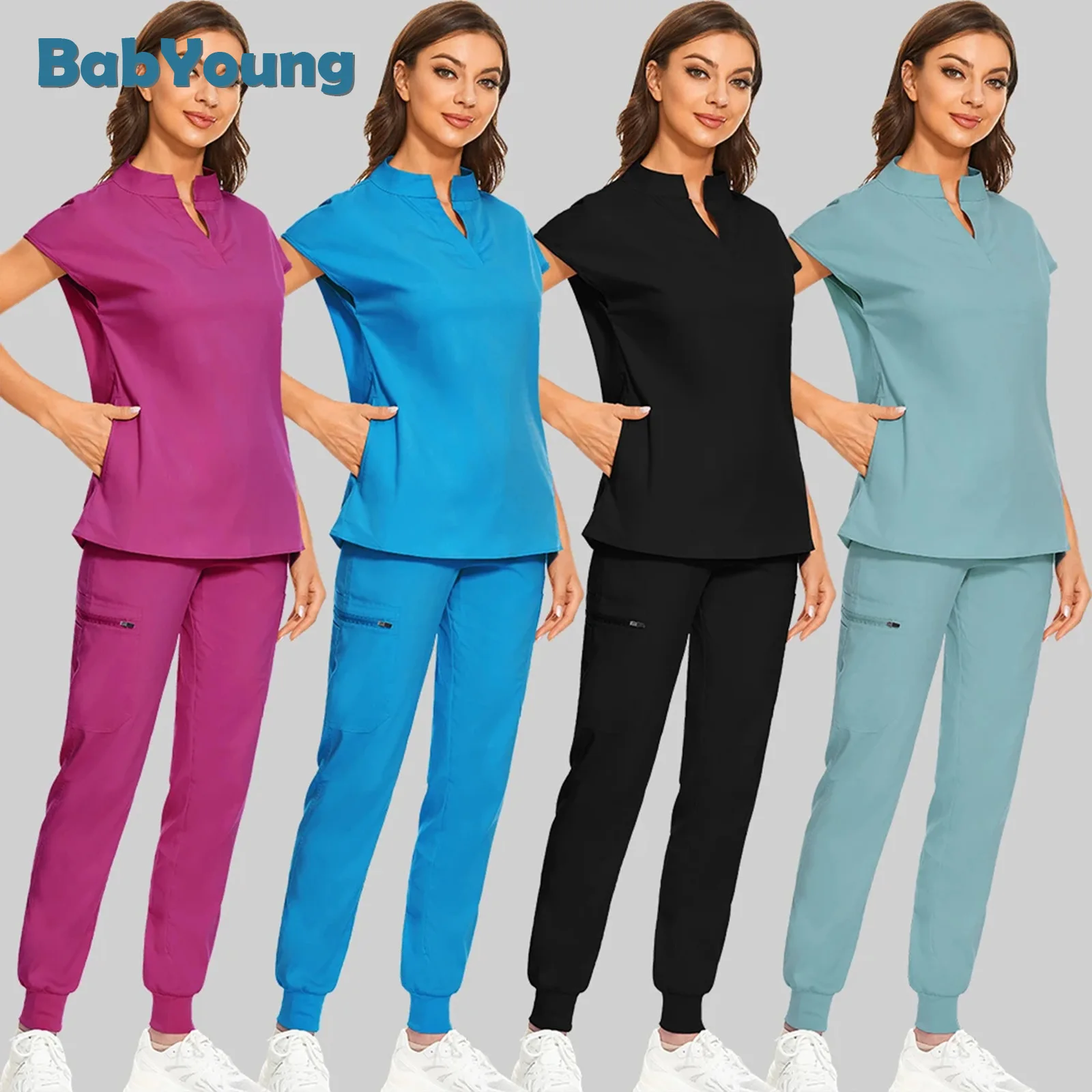 Uniforme médico de cor sólida para médico e enfermeira, Vestuário de trabalho para enfermeira, Conjunto de esfrega de enfermagem, Lab Top e Pant, Trajes hospitalares