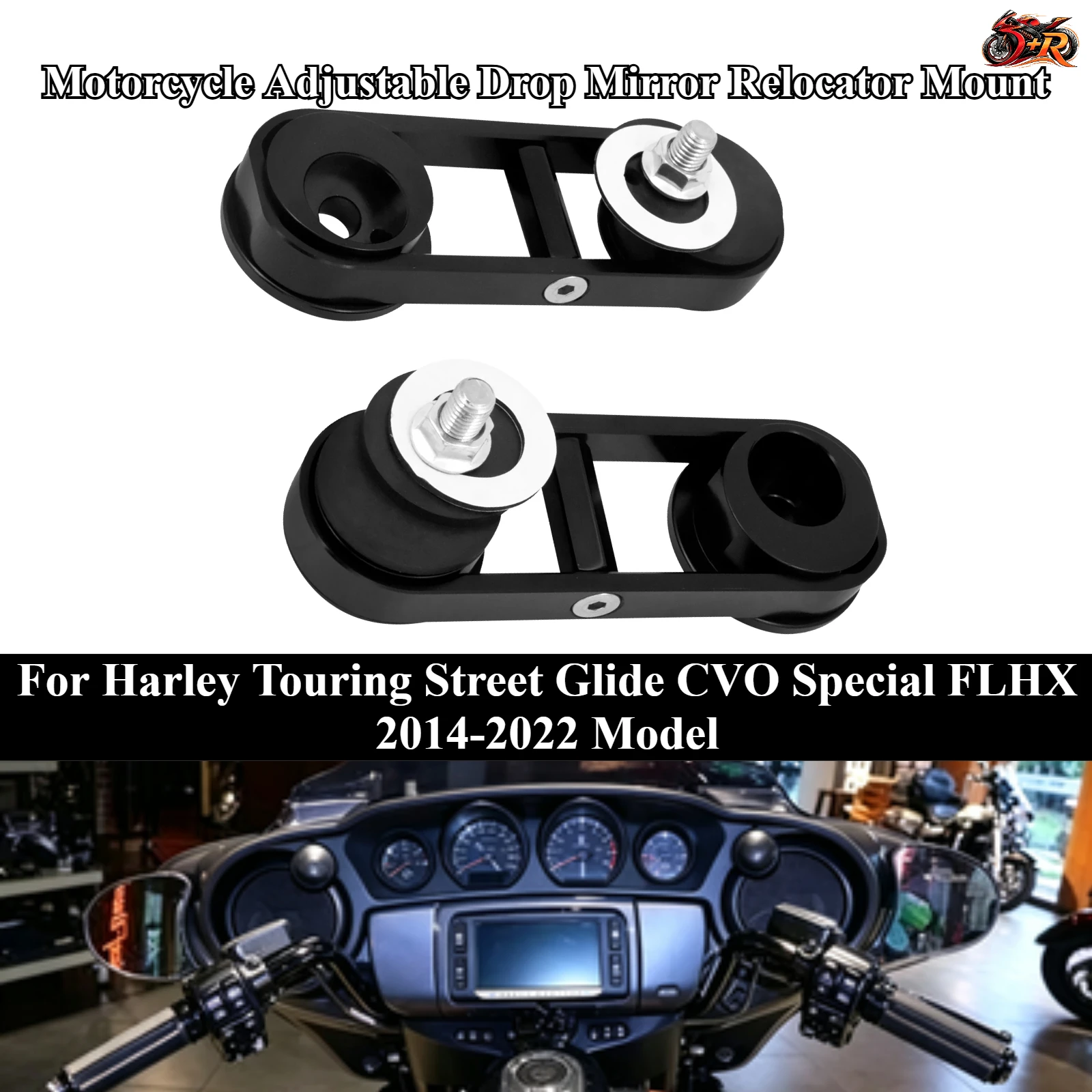

For Harley Touring Street Glide CVO Special FLHX 2014-2022 Model Black/Chrome Motorcycle Adjustable Drop Mirror Relocator Mount