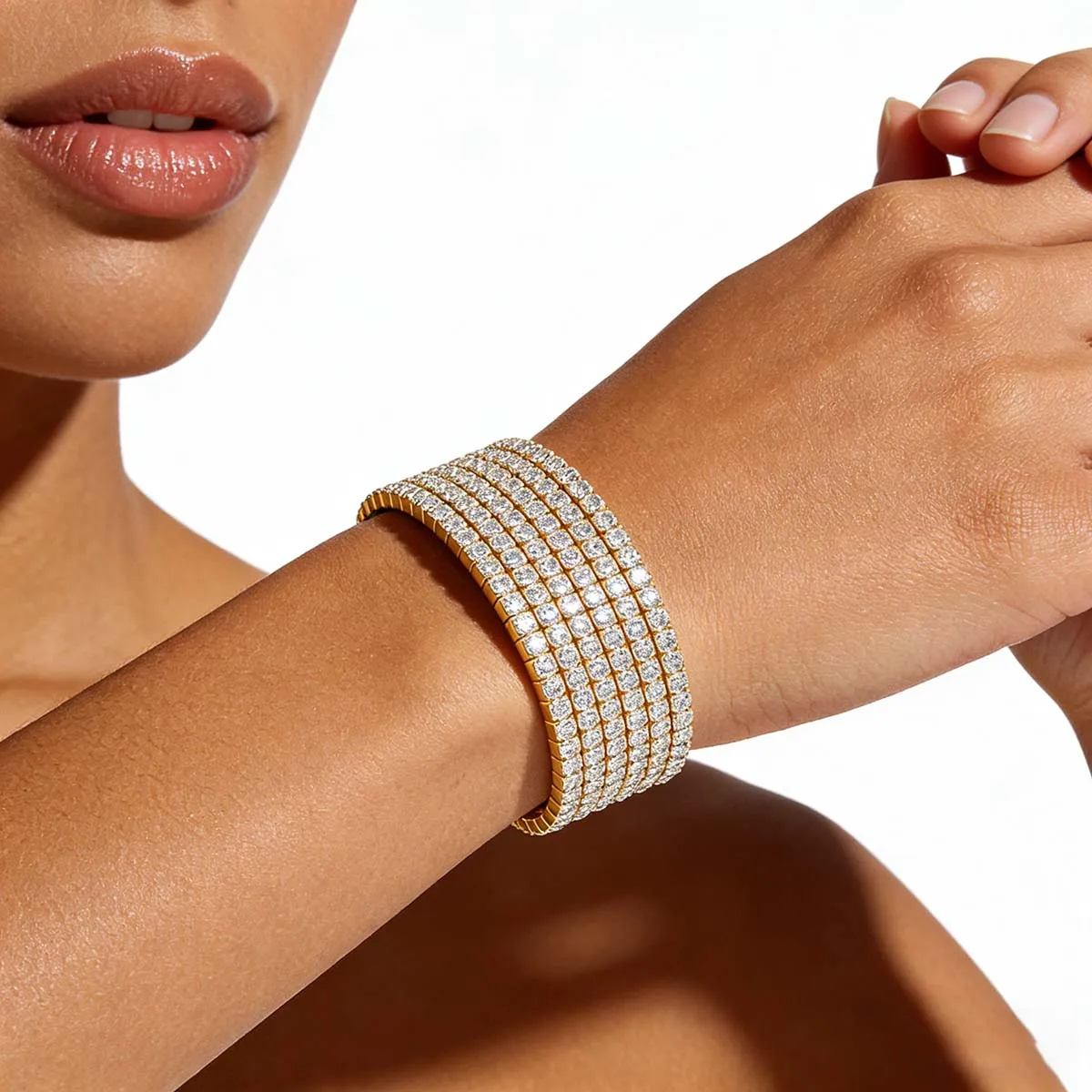 Light Luxury 14K Gold Filled Elastic 3mm Moissanite Diamond Bracelet for Her 18cm Stretch Rope Tennis Bracelet Bridal Party Gift