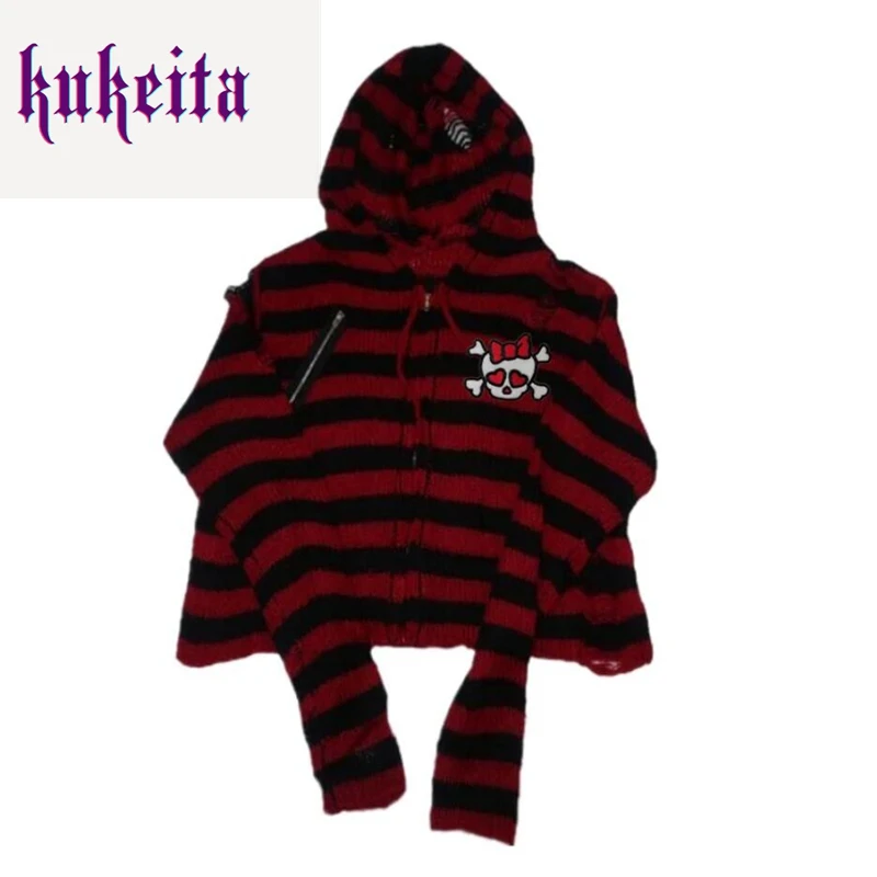 Women Sweater Harajuku Gothic Girl Skull Striped Knitted Sweater Punk Rock Zipper Loose Hooded Short Cardigan Chic Streetwear