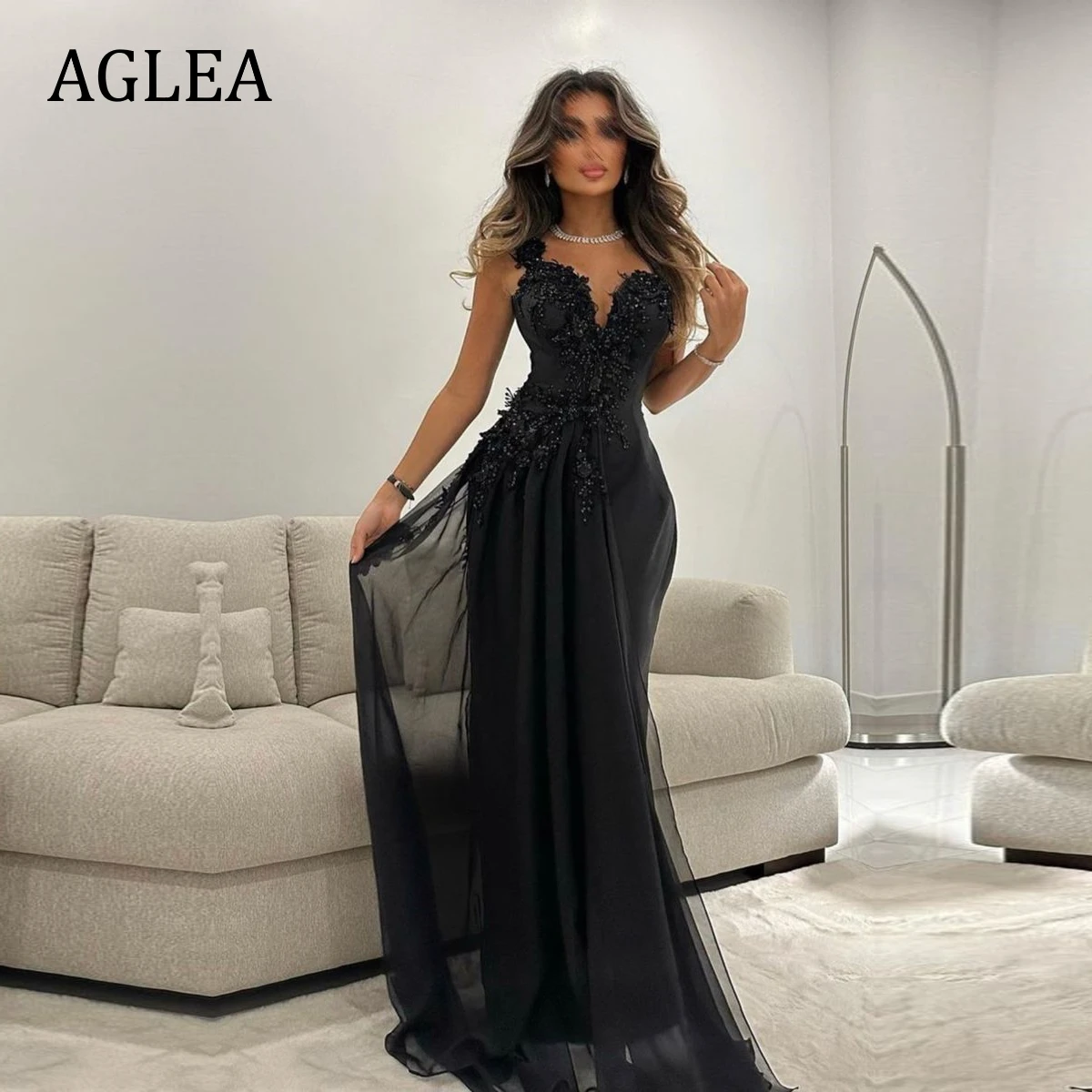 AGLEA-Robe de soirée droite en dentelle pour femme, longueur au sol, appliques chérie, occasion formelle, soirée élégante, Rh, noir