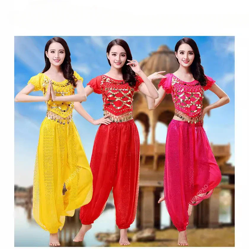 

Ladies Belly Dance Outfit Set Oriental Indian Dance Halloween Costume Set Women Sequin Tops with Harem Pants Training Suit