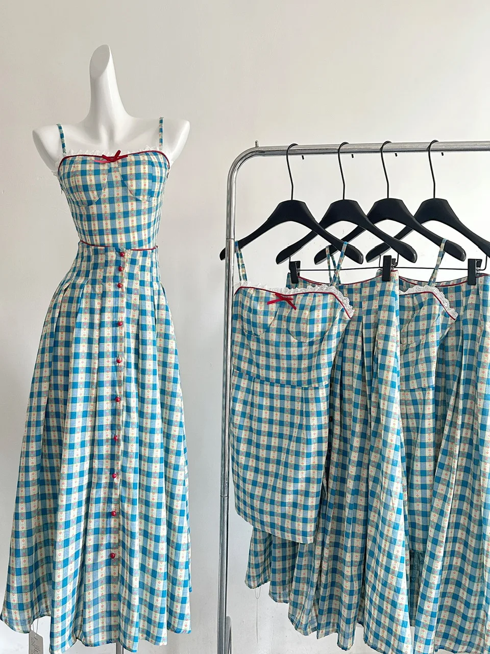 

Korean Style Fashion Retro Plaid Suspender Skirt Japanese 2025 Summer New Square Collar French Splicing Dress Two-piece Set