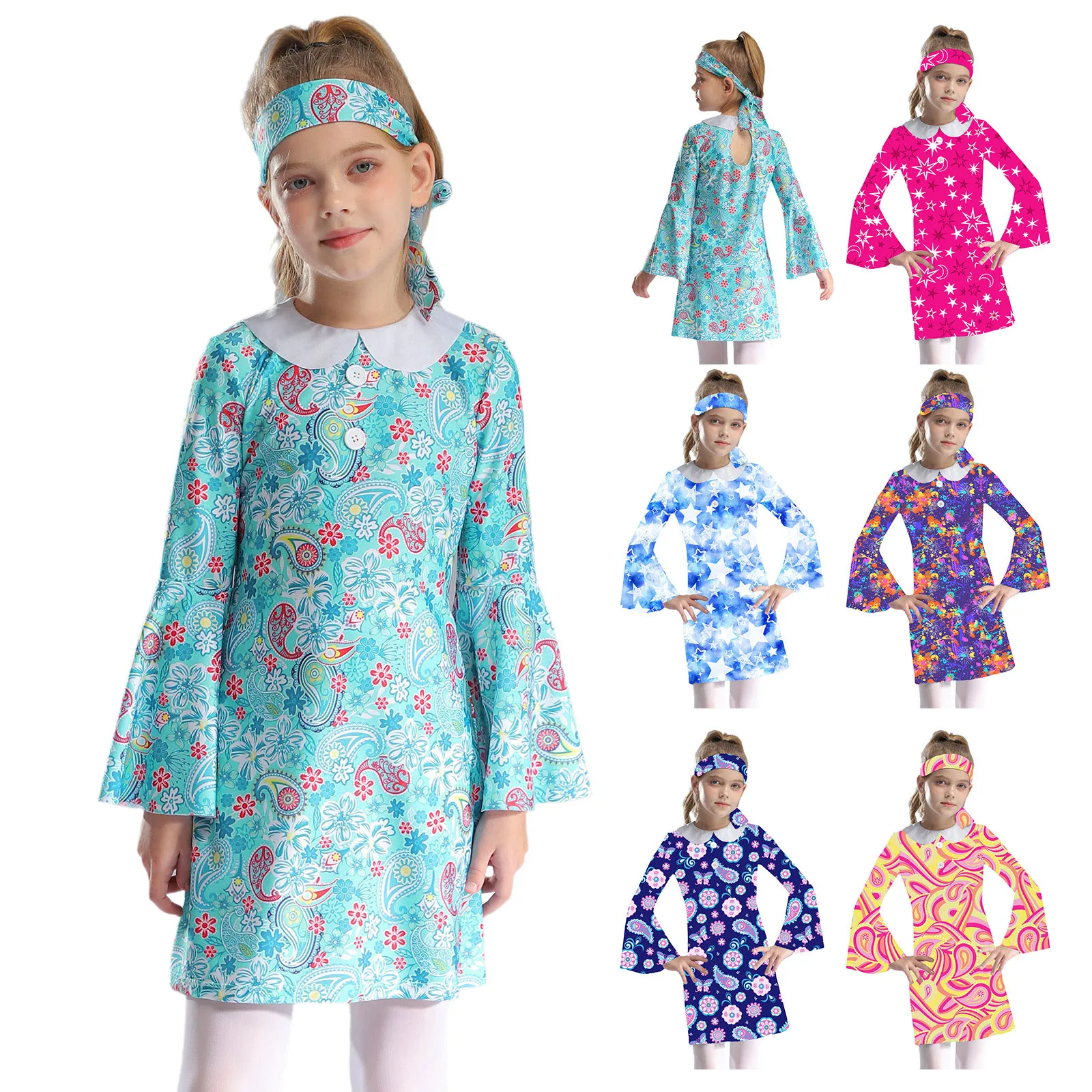 Kids Girls Retro 70s Disco Hippy Dance Dress Long Flare Sleeve Fancy Print Dress Halloween Carnival Musical Costume Dress Up